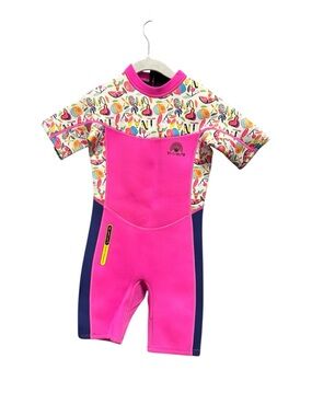 Kids Pink Shorty Wetsuit - Tropical Print